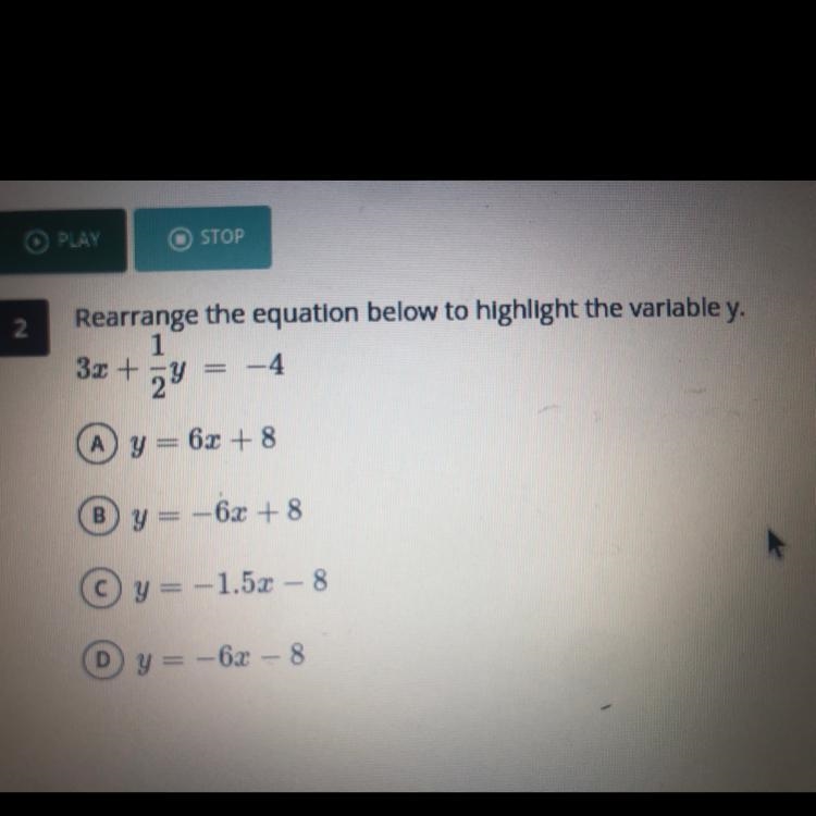 Rearrange the equation below to highlight the variable Y. 3x+1/2y=-4-example-1