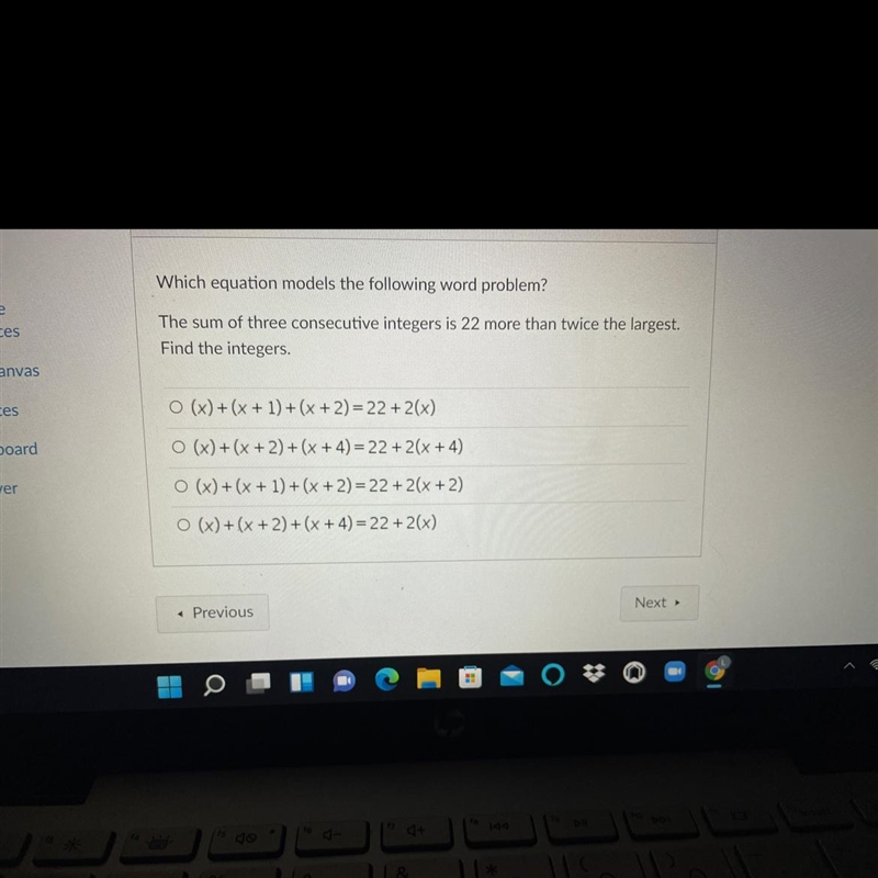 Which equation models the following word problem?The sum of three consecutive integers-example-1