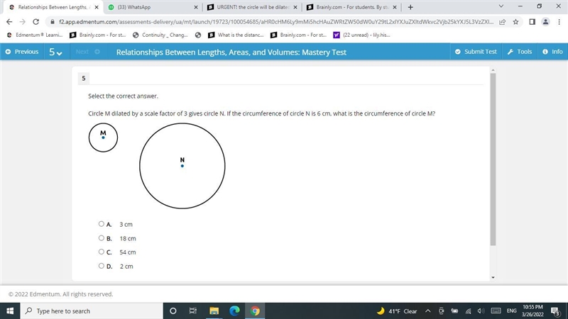 Circle M dilated by a scale factor of 3 gives circle N. If the circumference of circle-example-1