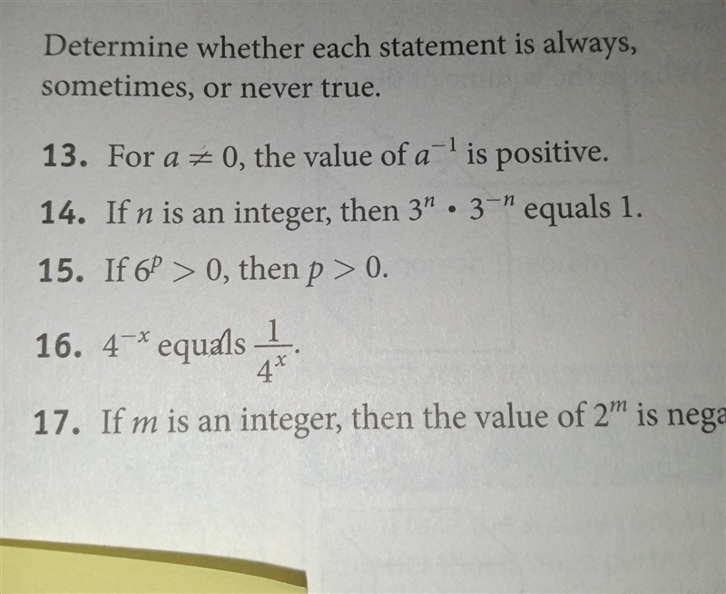 Determine whether each statement is always, sometimes, or never true. 13. For a 0, the-example-1