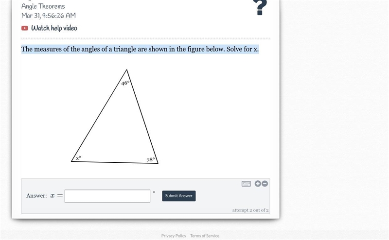 The measures of the angles of a triangle are shown in the figure below. Solve for-example-1