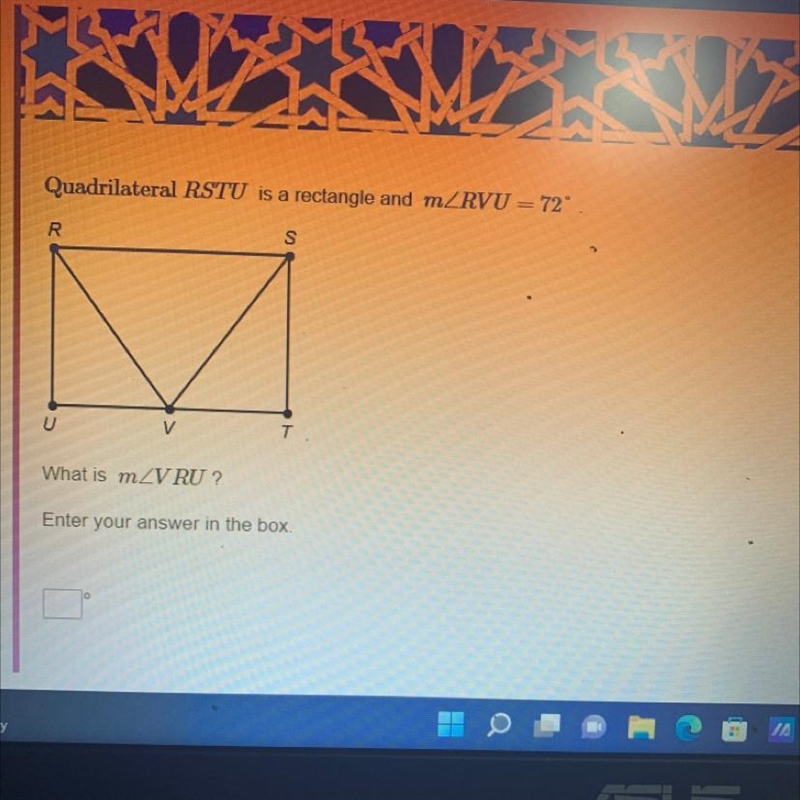 Quadrilateral RSTU is a rectangle and m/RVU = 72°. What is m/VRU?-example-1