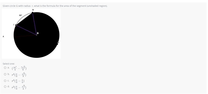 Given Circle G with radius r, what is the formula for the area of the segment (unshaded-example-1