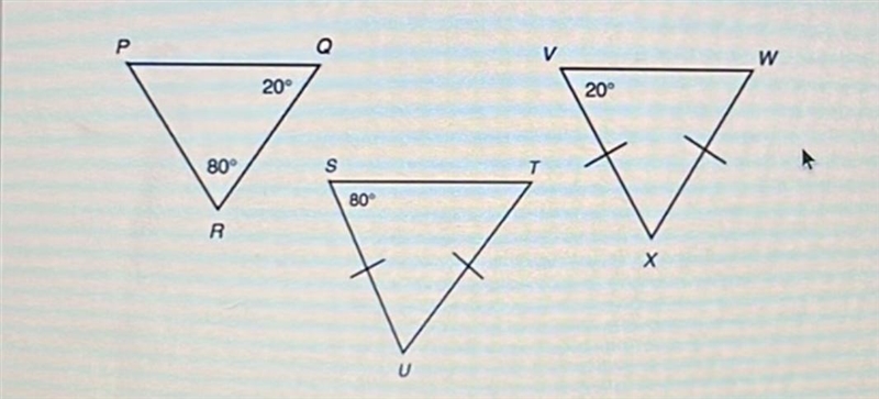 DUE SOON PLEASE HELP Are any of the Triangles shown below mathematically similar? Please-example-1