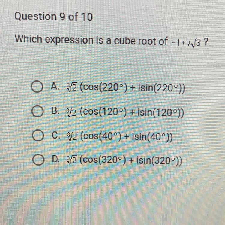 Which expression is a cube root of -1+ i sqrt 3? (multiple choice)-example-1