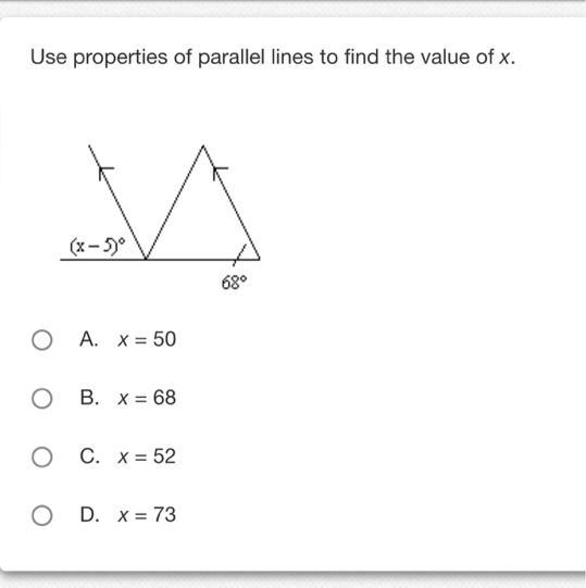 Use properties of parallel lines to find the value of x.-example-1