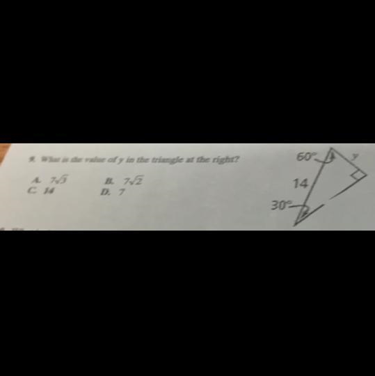 What is the value of y in the triangle at the right? (sorry the picture is a little-example-1