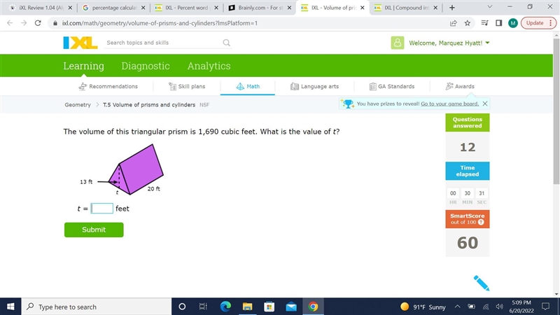 The volume of this triangular prism is 1,690 cubic feet. What is the value of t?-example-1