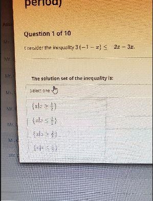 Consider the inequality 3 (-1-x) <= -2x- 3x.what it the solution set of the inequality-example-1