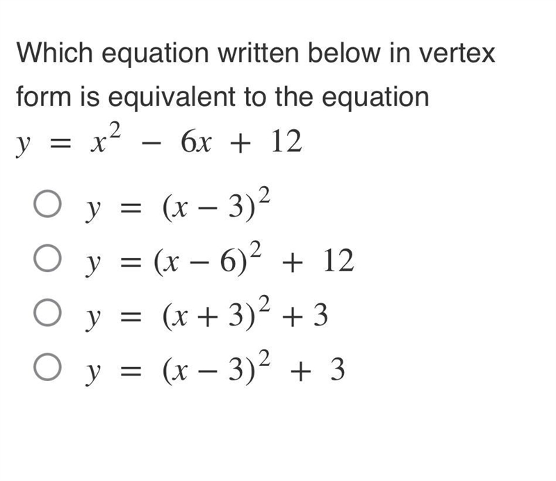 Which equation written below in vertex form is equivalent to the equation?-example-1