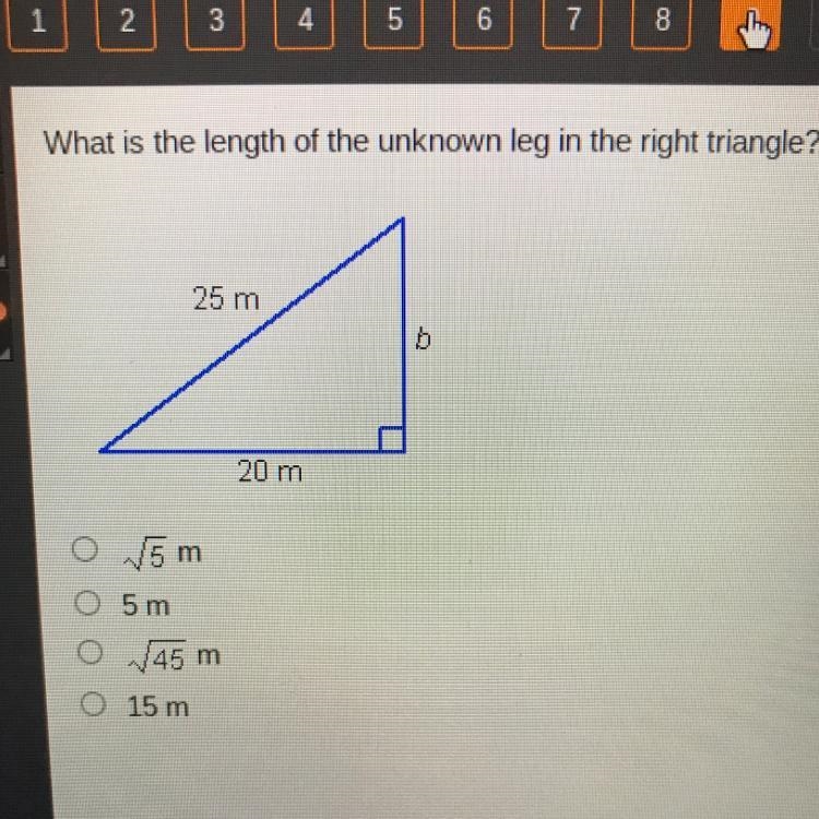 Vhat is the length of the unknown leg in the right triangle? 25 m b 20 m o 5 m 5 m-example-1