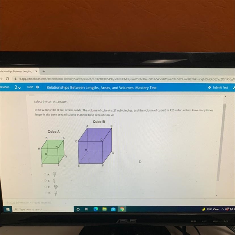 Cube A and cube B are similar solids. The volume of cube A is 27 cubic inches, and-example-1