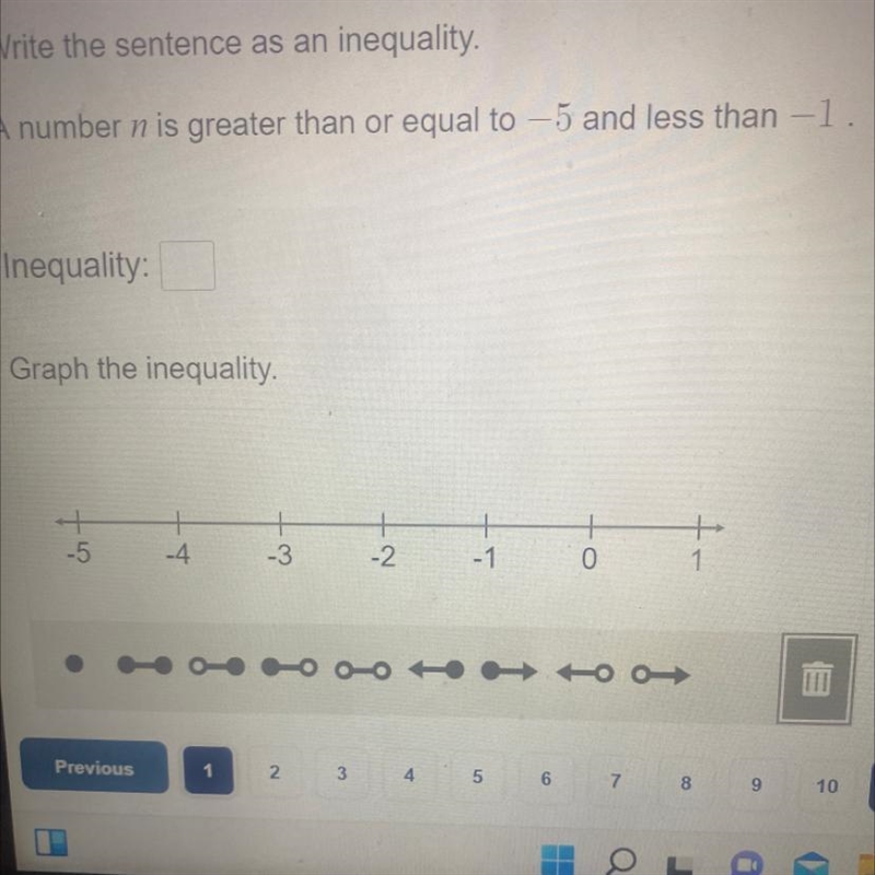 A number n is greater than or equal to -5 and less than -1.-example-1