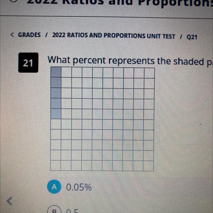 < GRADES / 2022 RATIOS AND PROPORTIONS UNIT TEST Q21 21 What percent represents-example-1