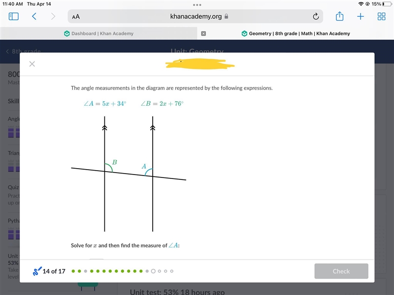 Help!! The angle measurements in the diagram are represented by the following expressions-example-1