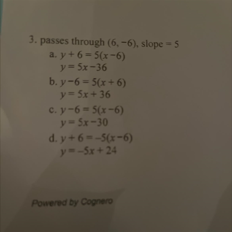 Passed through (6, -6), slope = 5-example-1