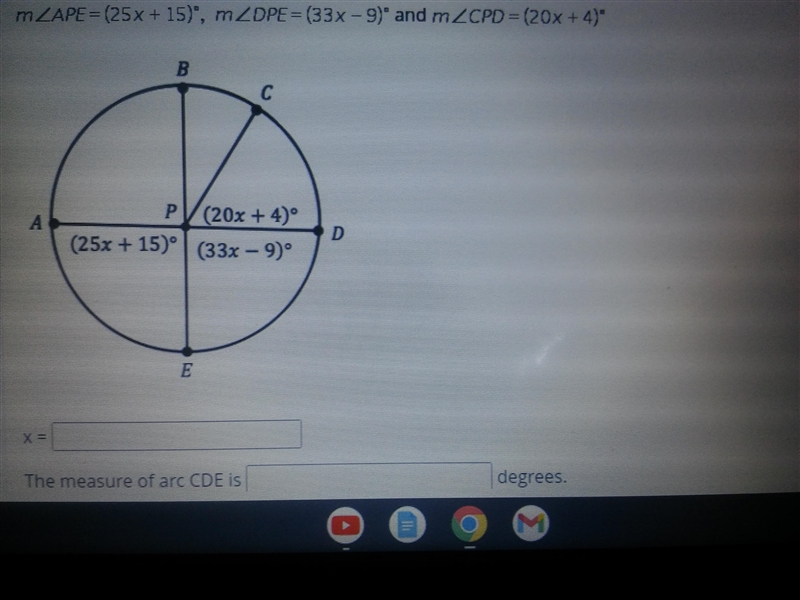 Need asap! Find the following values for o P. APE=25x+15° DPE=33x-9° CPD=20+4°-example-1