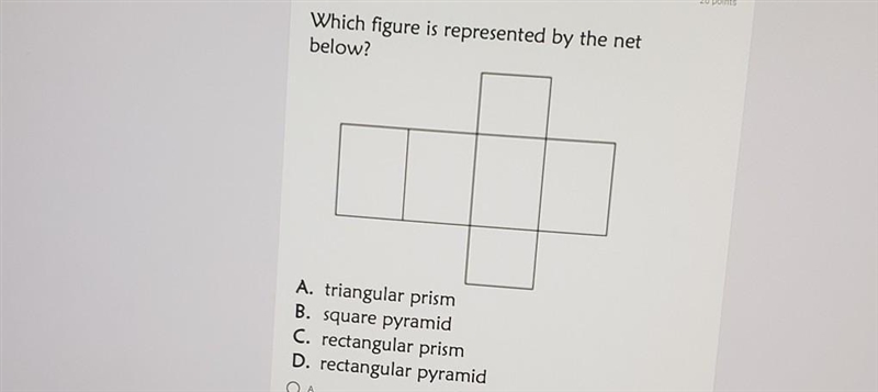 Which figure is represented by the net below? A. triangular prism B. square pyramid-example-1