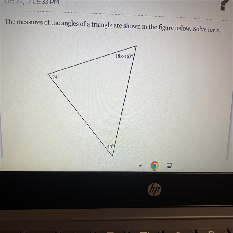 The measures of the angles of a triangle are shown in the figure below. Solve for-example-1