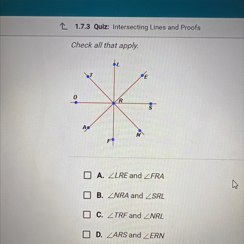 Which pairs of angles in the figure below are vertical angles? check all that apply-example-1