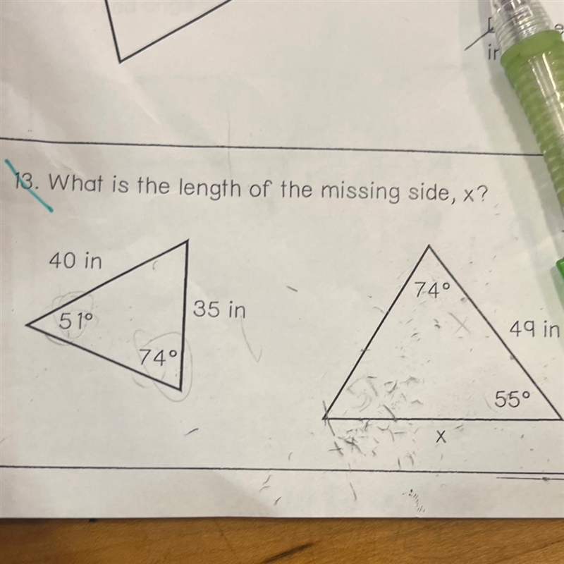 13. What is the length of the missing side, x?40 in74035 in51049 in.74°55°-example-1