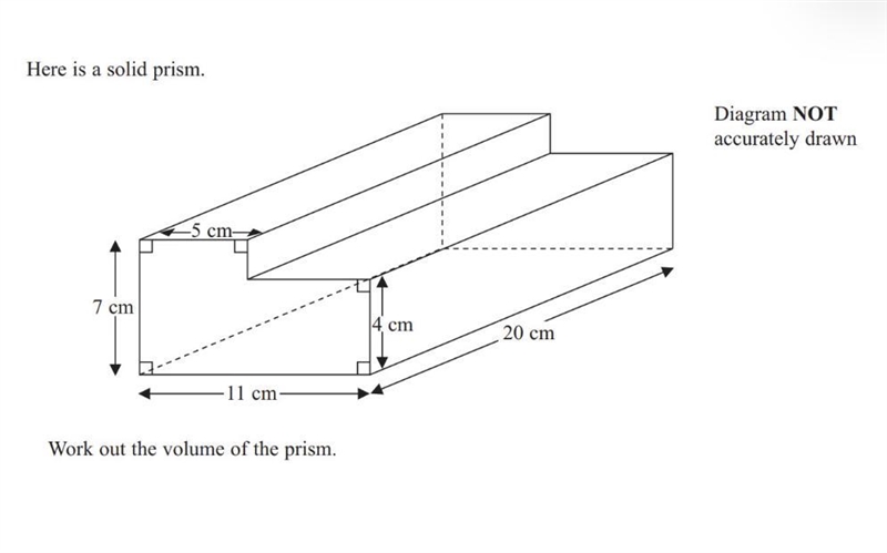 Here is a solid prism. 7 cm -5 cm- 11 cm- Work out the volume of the prism. cm 20 cm-example-1