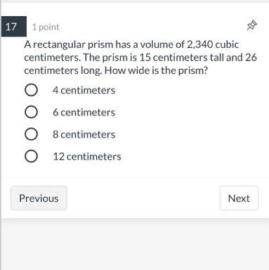 A rectangular prism has a volume of 2,340 cubic centimeters. The prism is 15 centimeters-example-1