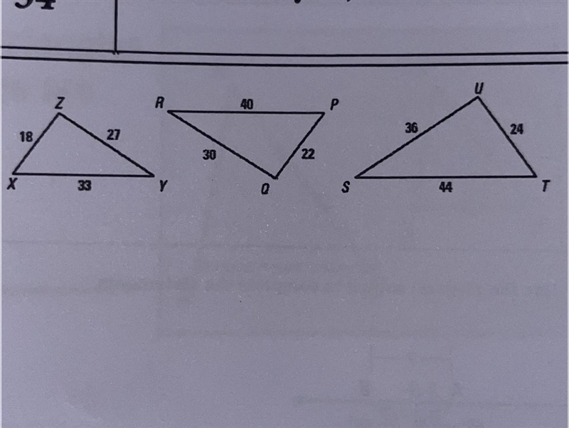 Determine which two of the three given triangles are similar. Find the scale factor-example-1