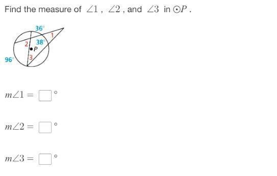 Find the measure of <1, <2 and <3 In P-example-1