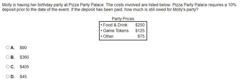 Molly is having her birthday party at Pizza Party Palace. The costs involved are listed-example-1