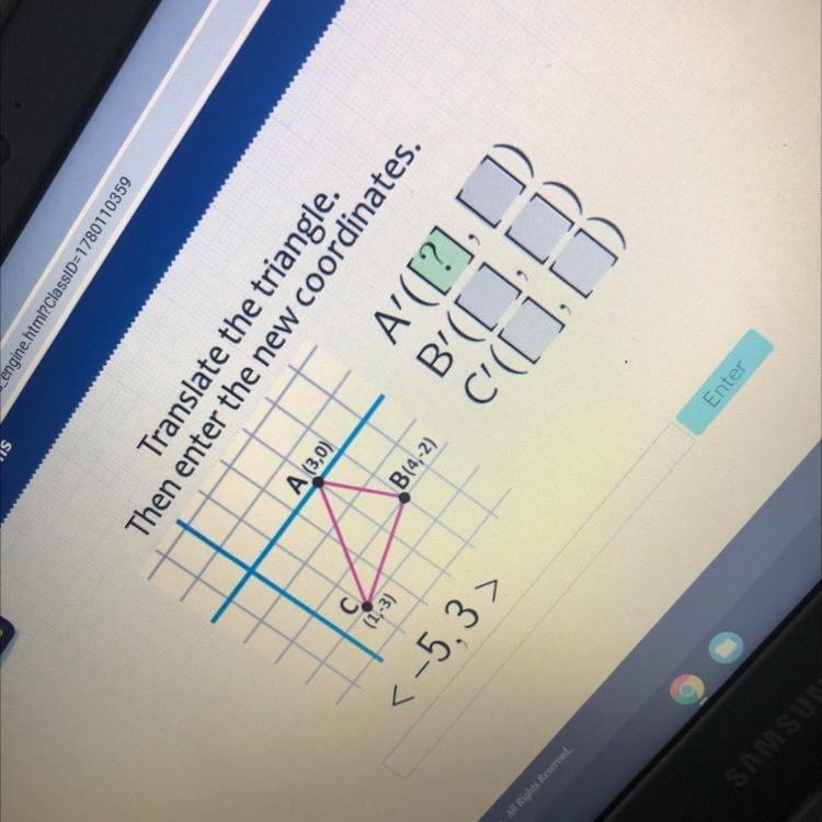 AlusTranslate the triangle.Then enter the new coordinates.A (3,0)A' ([?], [])B'([],[ ]C-example-1