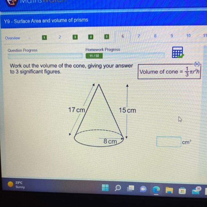 Work out the volume of the cone, giving your answer to 3 significant figures.-example-1