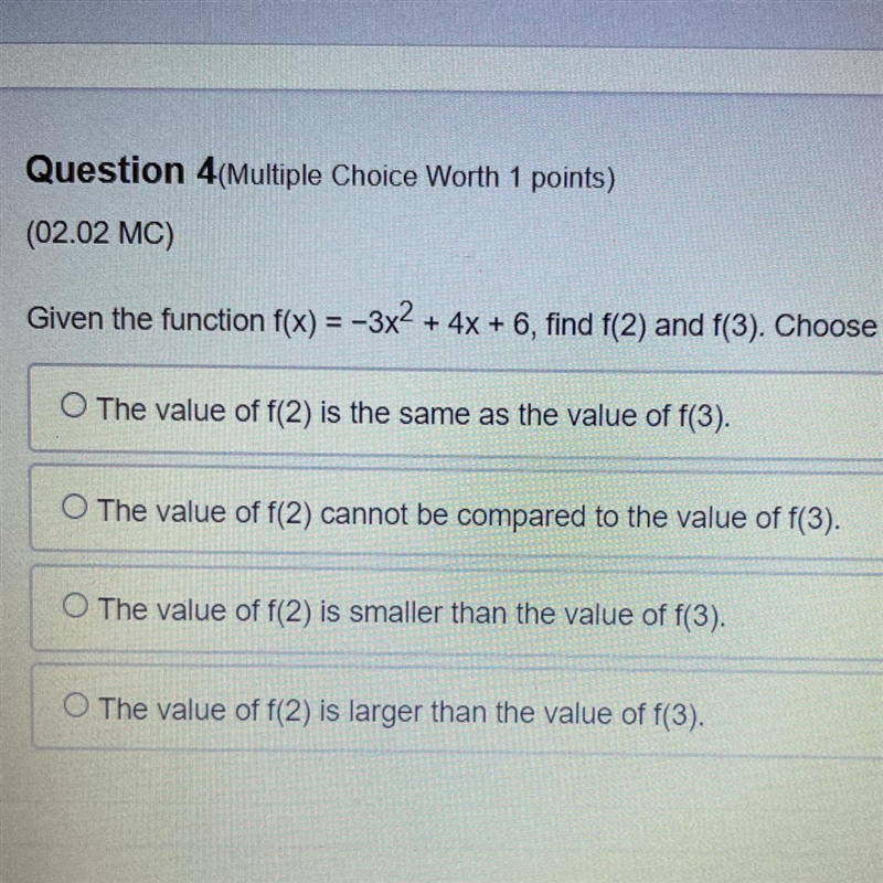 HELP ASAP!!! Given the function f(x)-3x^2+4x+6, find f(2) and f(3). Choose the statement-example-1