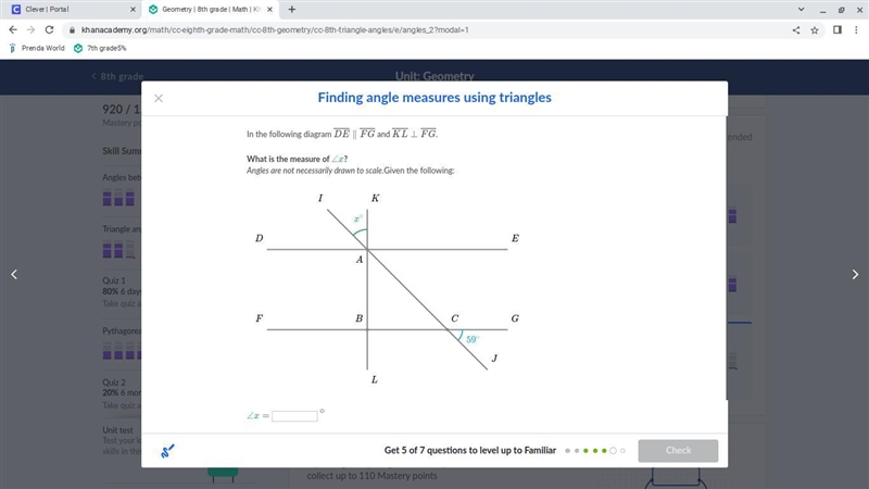 In the following diagram DE FG and KL FG. what is the measure of x?-example-1