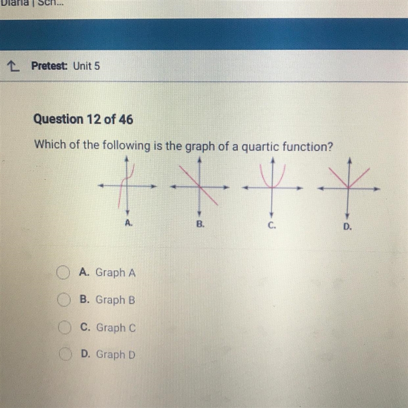 Which of the following is the graph of a quartic function? A. Graph A. B. Graph B-example-1