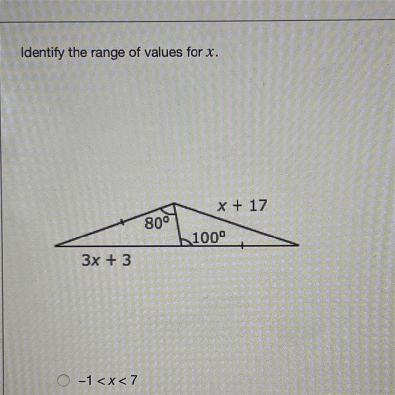 Identify the range of values for x. 3x + 3 80⁰ x + 17 100⁰-example-1