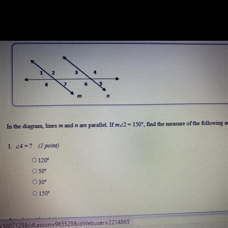 4 8 1 6 5 m n In the diagram, lines m and n are parallel. Ifm22 = 150°, find the measure-example-1