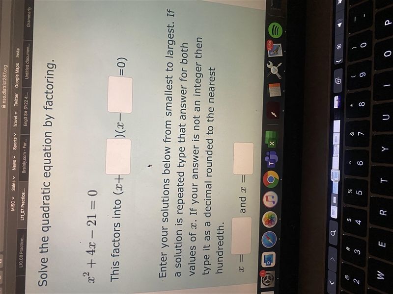 Solve the quadratic equation by factoring. x^2+4x-21=0This factors into (x+Answer-example-1