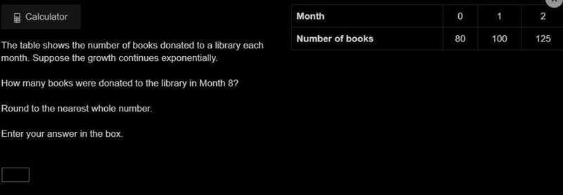 The table shows the number of books donated to a library each month. Suppose the growth-example-1