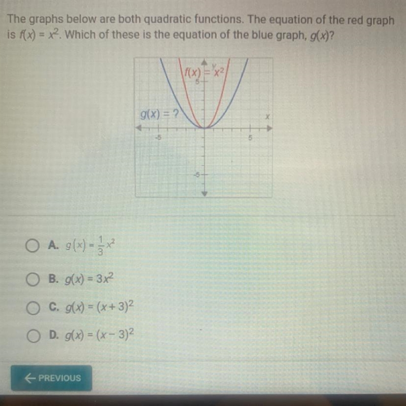 The graphs below are both quadratic functions. The equation of the red graph is fx-example-1