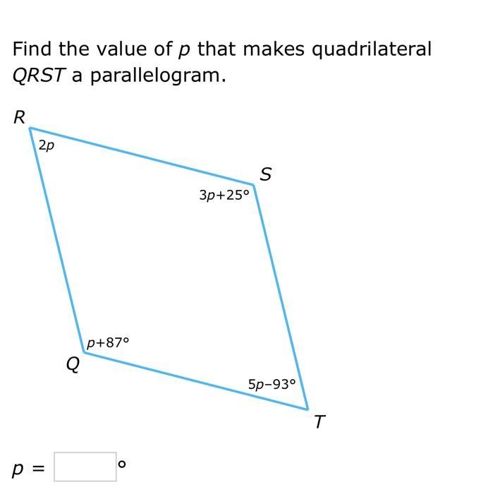 Find the value of p that makes quadrilateral QRST a parallelogram. S T Q R 3p+25° 5p-example-1