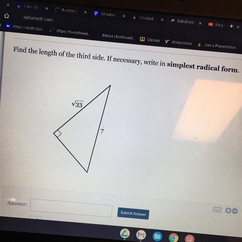 Find the length of the third side. If necessary, write in simplest radical form.-example-1