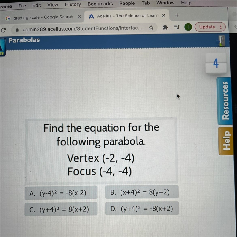 Find the equation for thefollowing parabola.Vertex (-2,-4)Focus (-4,-4)A. (7-4)2 = -8(x-example-1