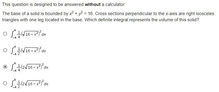 The base of a solid is bounded by x^2 + y^2 = 16. Cross sections perpendicular to-example-1