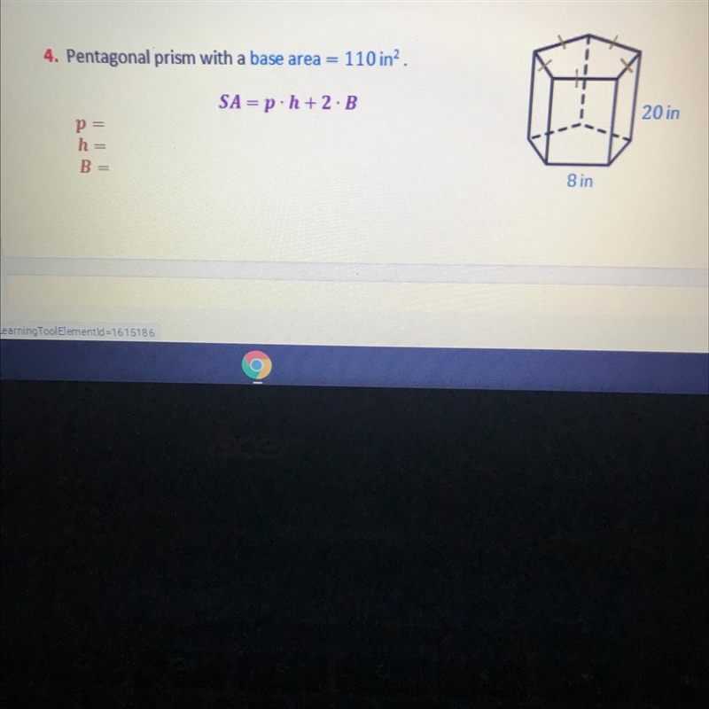 Find the Surface area of a pentagonal prism with a base area of 110in^2Formula: SA-example-1