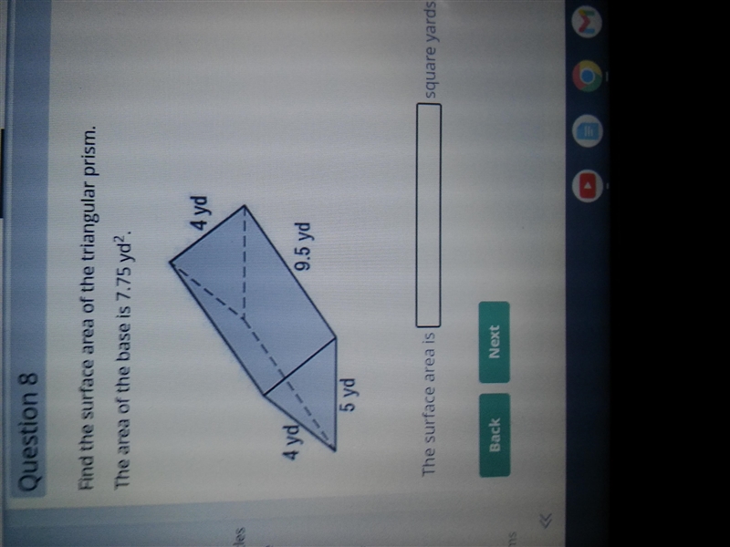 Does anybody know this?Find the surface area of the triangular prism the ares of the-example-1