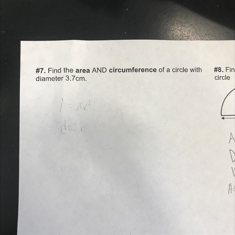 Please find the area and circumference of the circle with diameter 3.7cm-example-1