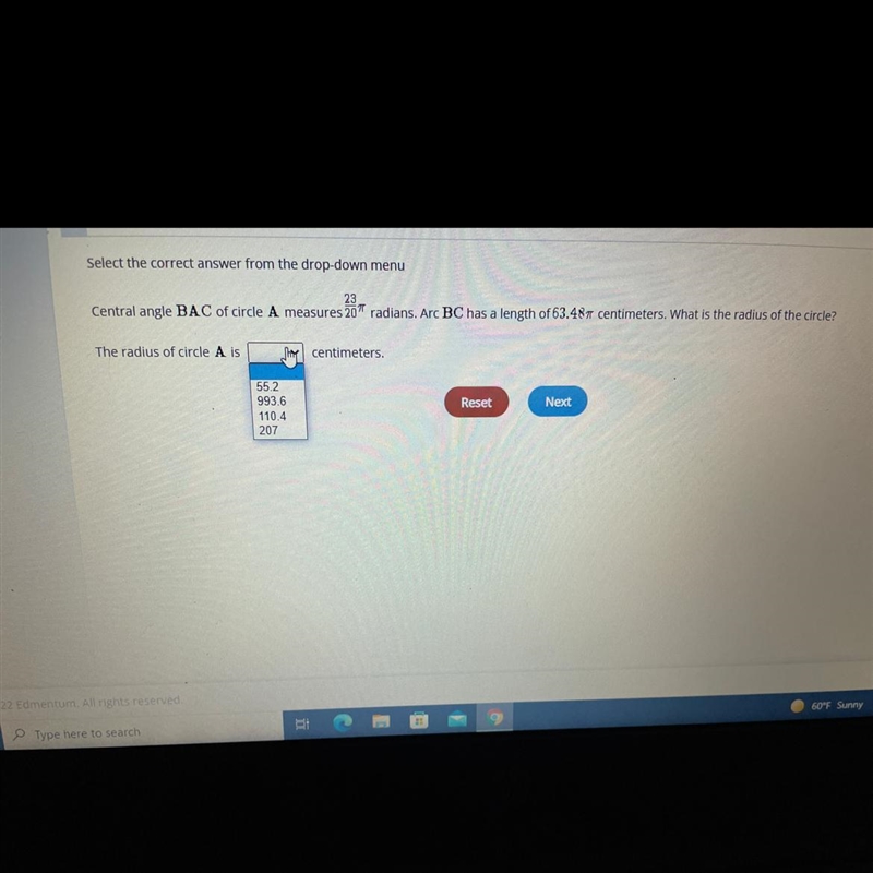 Select the correct answer from the drop-down menu 23 Central angle BAC of circle A-example-1