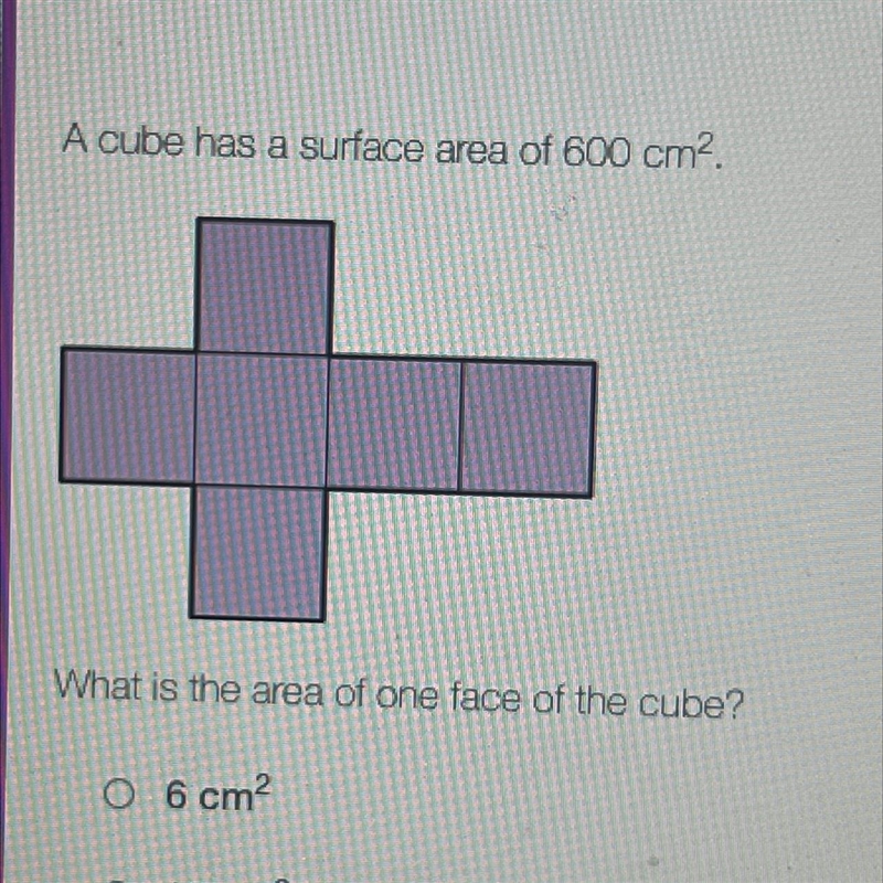 A cube has a surface area of 600 cm2 what is the area of one face of the cube-example-1