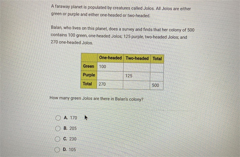 Please help!! A. 170 B. 205 C. 230 D. 105-example-1